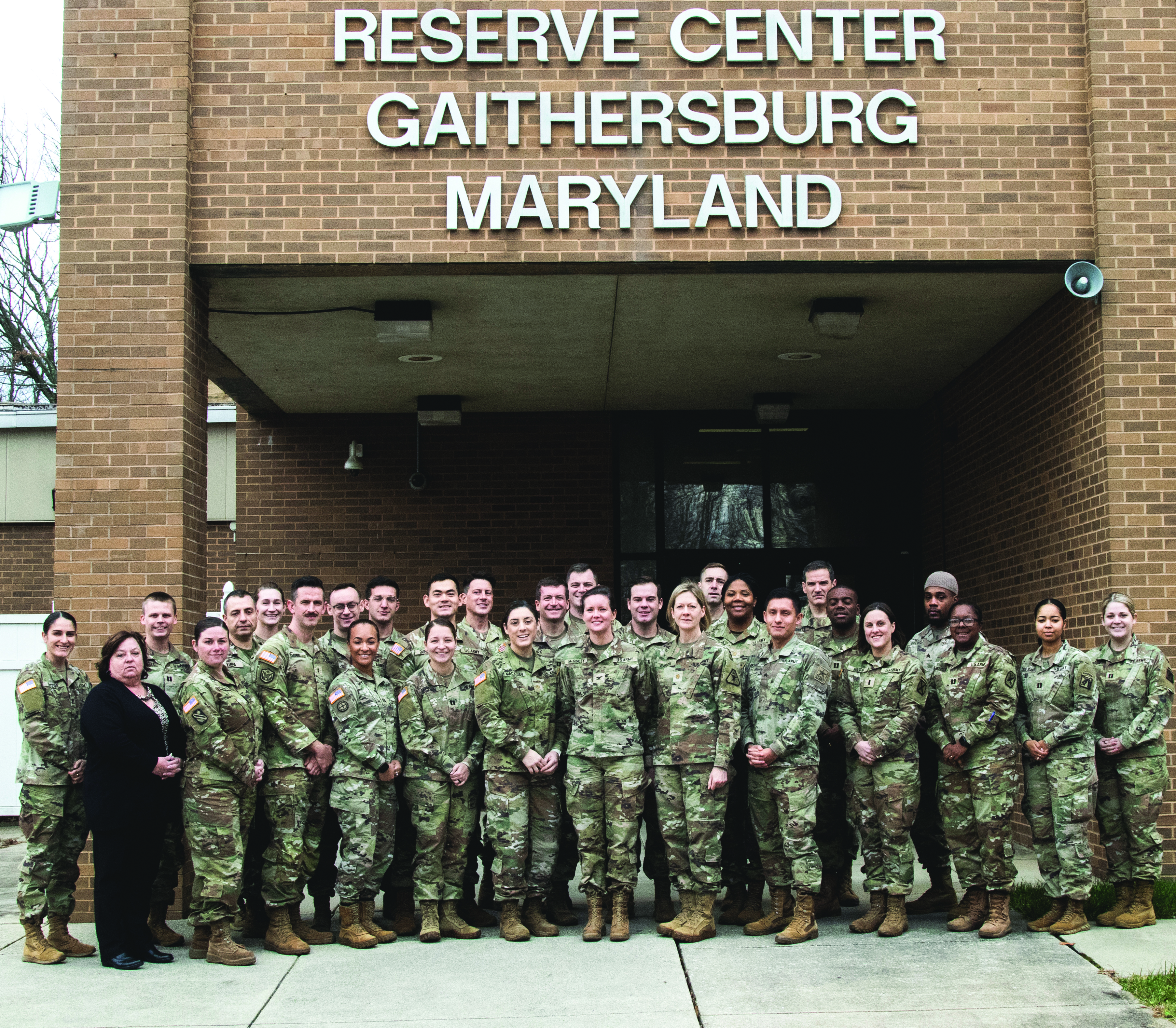 SVCs and SVC paralegals from all three Army components (active component, Army National Guard, and Army Reserve) take a break from their SVC Regional Training to pose for a group photo outside the USARLC in Gaithersburg, MD. (Credit: 1LT Amber Lamb, USARLC)